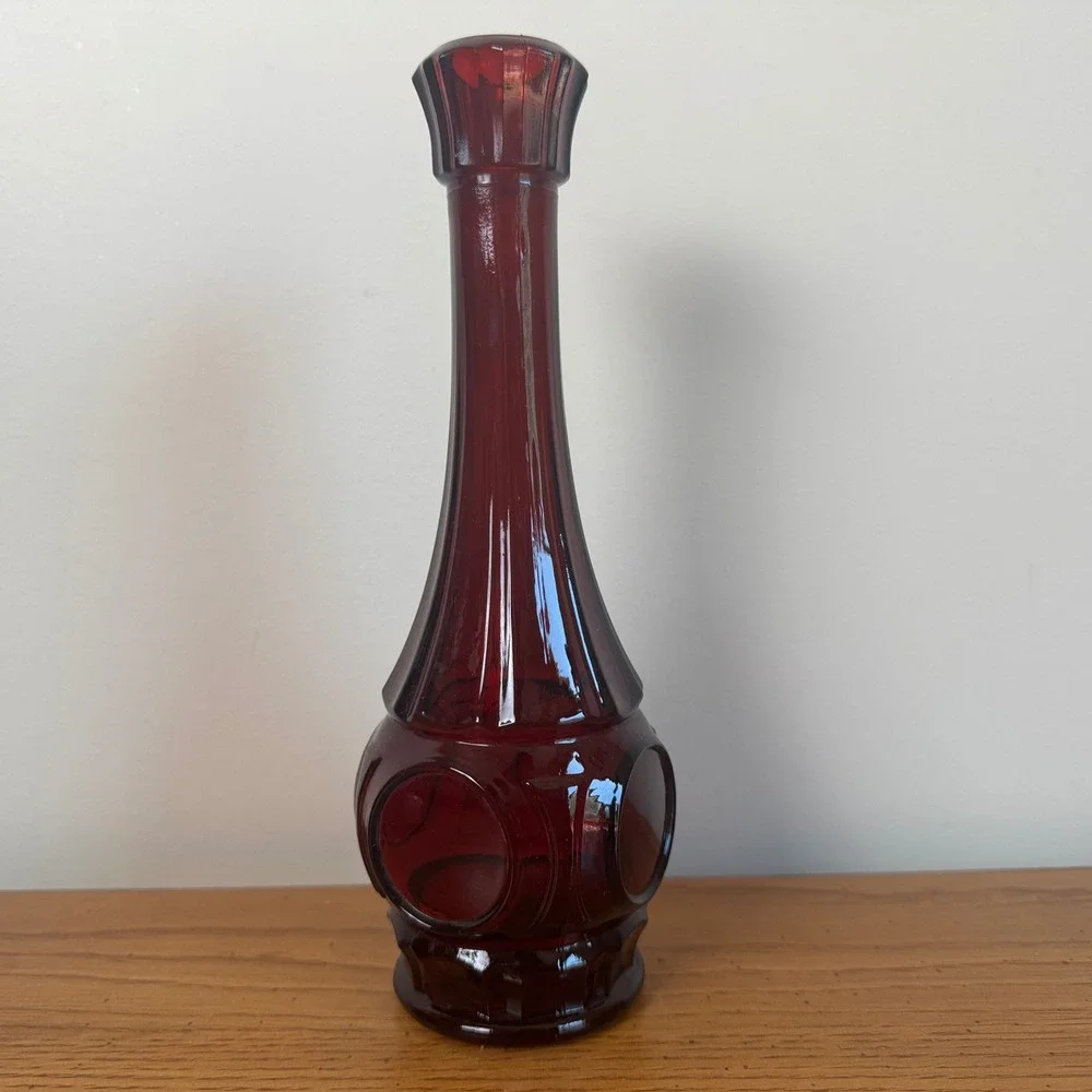 Vintage‎ Ruby Red Glass Bud Vase Mid Century Modern Thumbprint